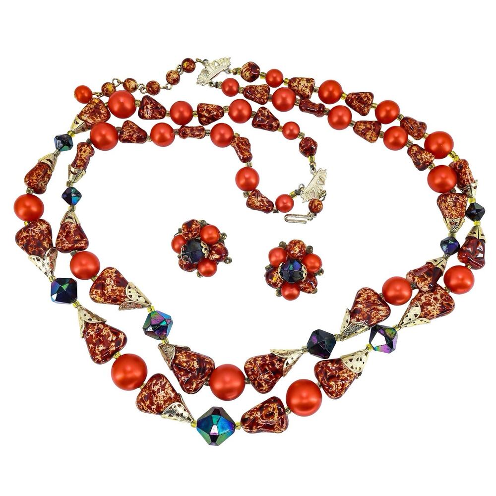 Vintage MCM Beaded Necklace & Earrings Set Hong Kong 20” Fall Colors Orange Red